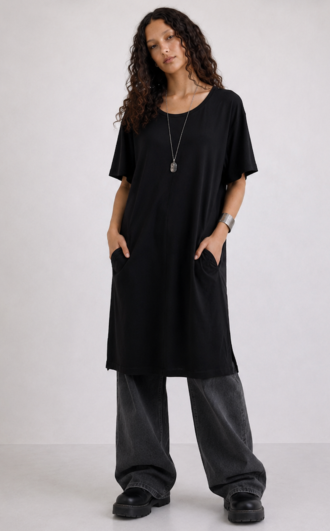 Oversize Black T-shirt- dress with pockets, Pieces - Size XL