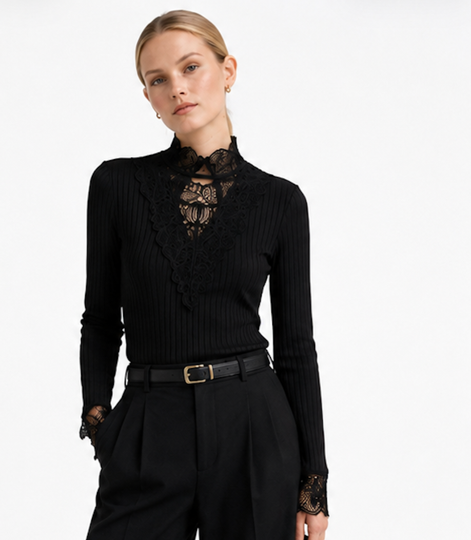 High-Neck Lace and Ribbed Long Sleeve, Y.A.S. - Size S