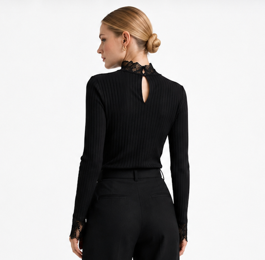 High-Neck Lace and Ribbed Long Sleeve, Y.A.S. - Size S