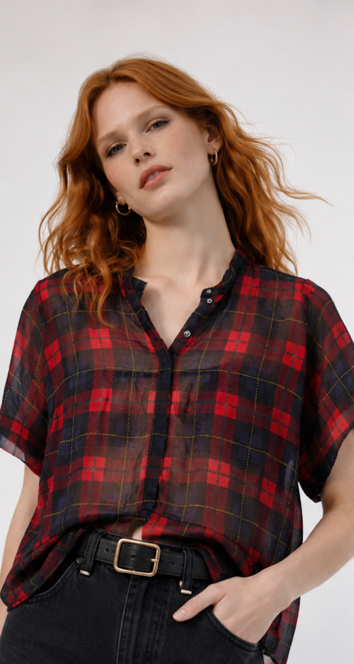 Sheer Tartan Peplum Blouse, Zara TRF  - Size S