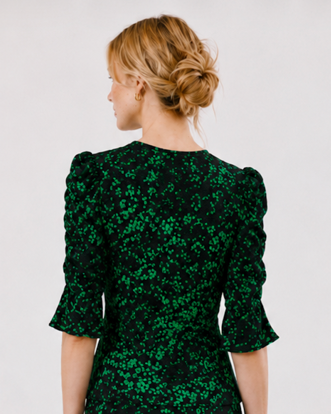Black and Green Feminine Puff-Sleeve Blouse, LINDEX  - Size S