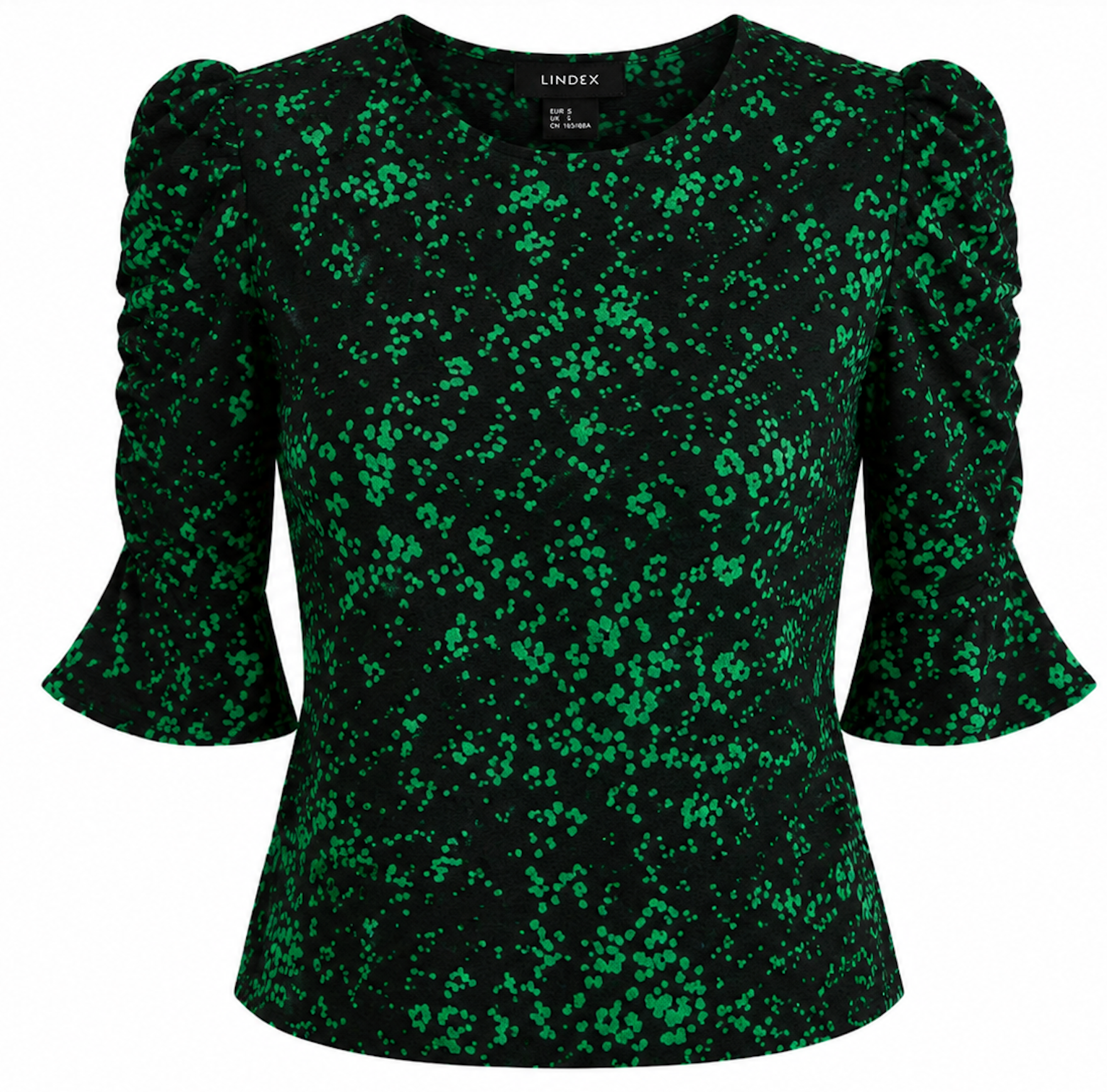 Black and Green Feminine Puff-Sleeve Blouse, LINDEX  - Size S