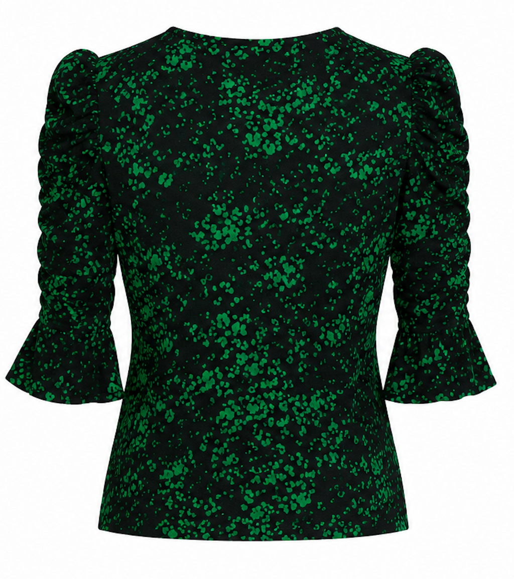 Black and Green Feminine Puff-Sleeve Blouse, LINDEX  - Size S