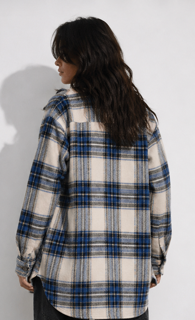 Blue & Creme Plaid longline Overshirt, GRUNT – Size S