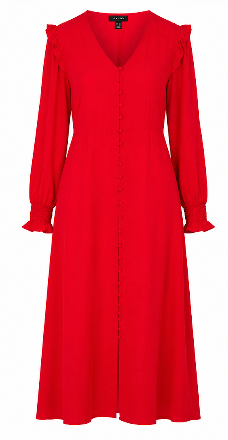 Red Long-Sleeve Dress with Buttons, New Look - Size M