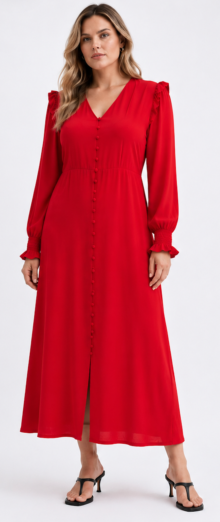 Red Long-Sleeve Dress with Buttons, New Look - Size M