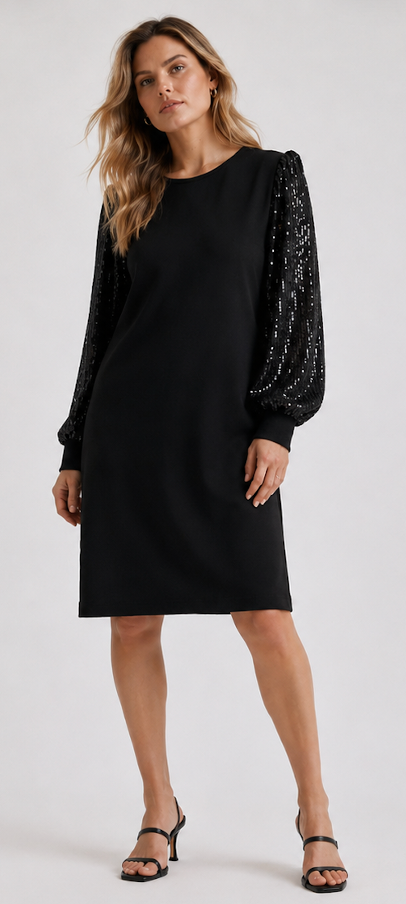 Black Mini Dress with Sequin Sleeves - Size M