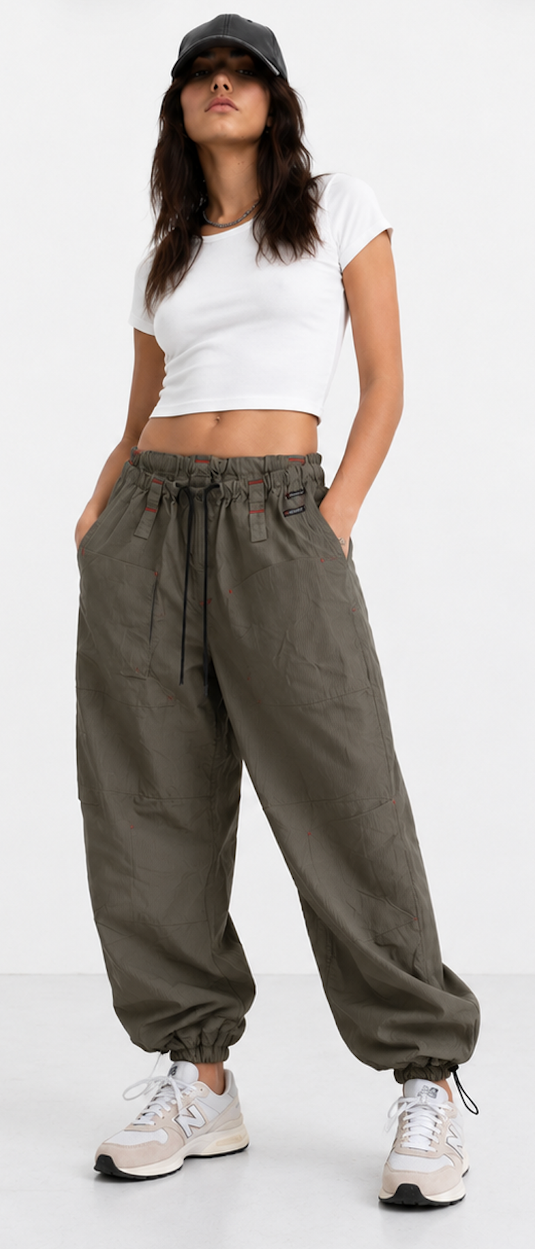 Oversize Ripstop Nylon Cargo Pants w/ Drawstring Cuffs, Olive - XL
