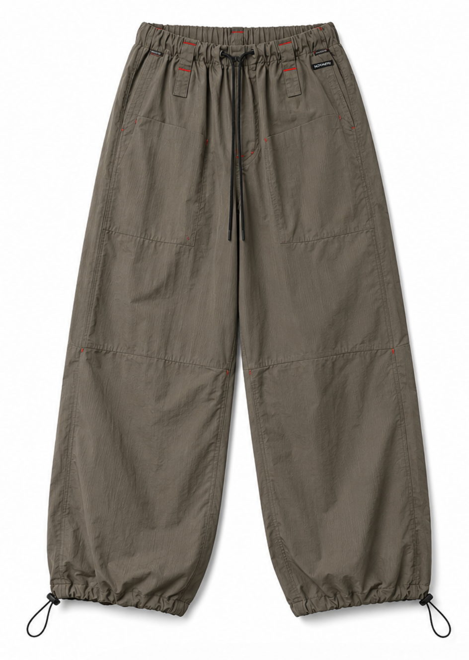 Oversize Ripstop Nylon Cargo Pants w/ Drawstring Cuffs, Olive - XL
