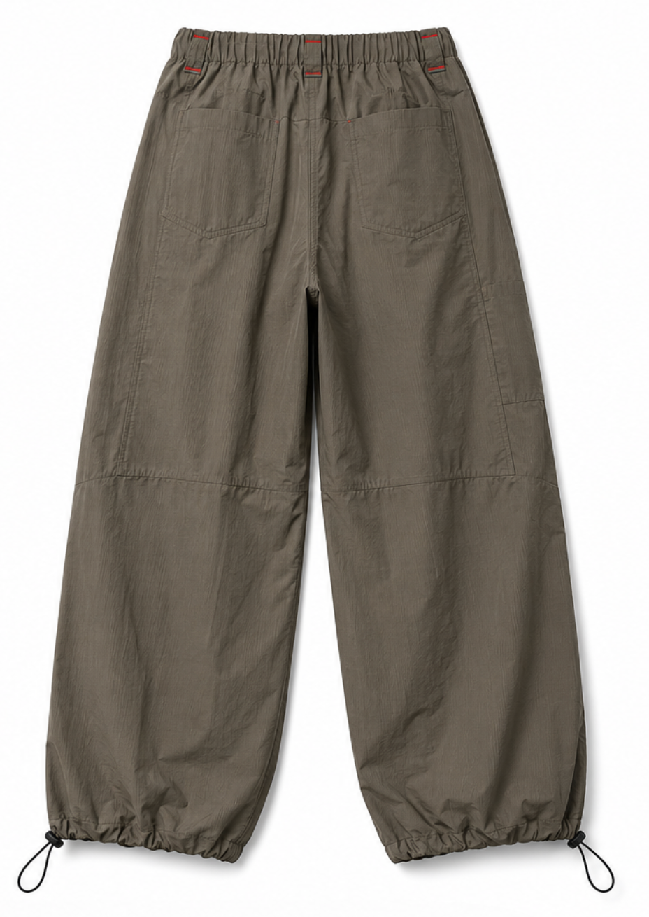 Oversize Ripstop Nylon Cargo Pants w/ Drawstring Cuffs, Olive - XL