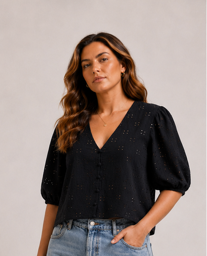 Black broderie-anglaise blouse, H&M - Size XXL