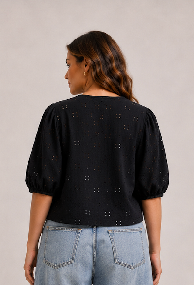 Black broderie-anglaise blouse, H&M - Size XXL