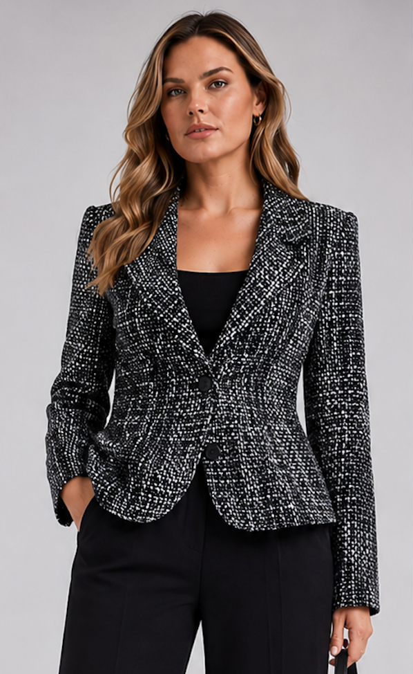 Black/white tweed bouclé blazer, BLU AQUA – size 14