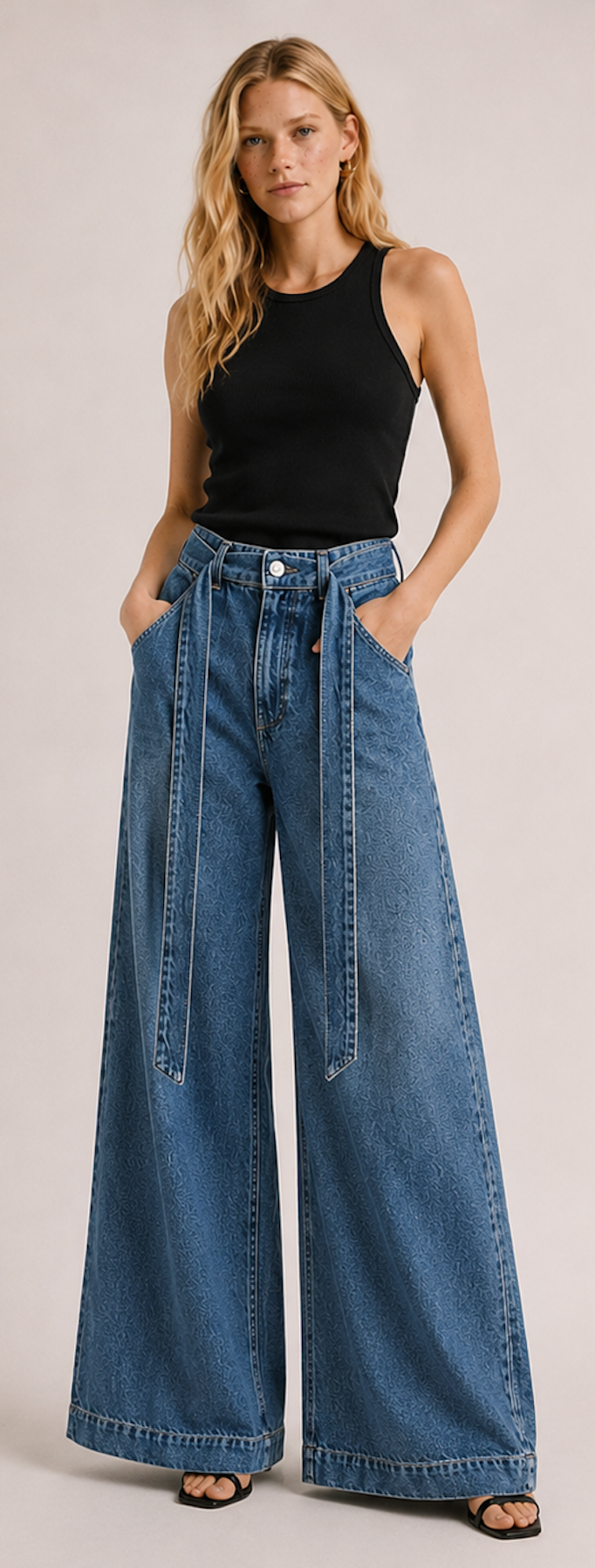 Denim wide Jeans with Tie-Belt, Bershka - Size EU 36
