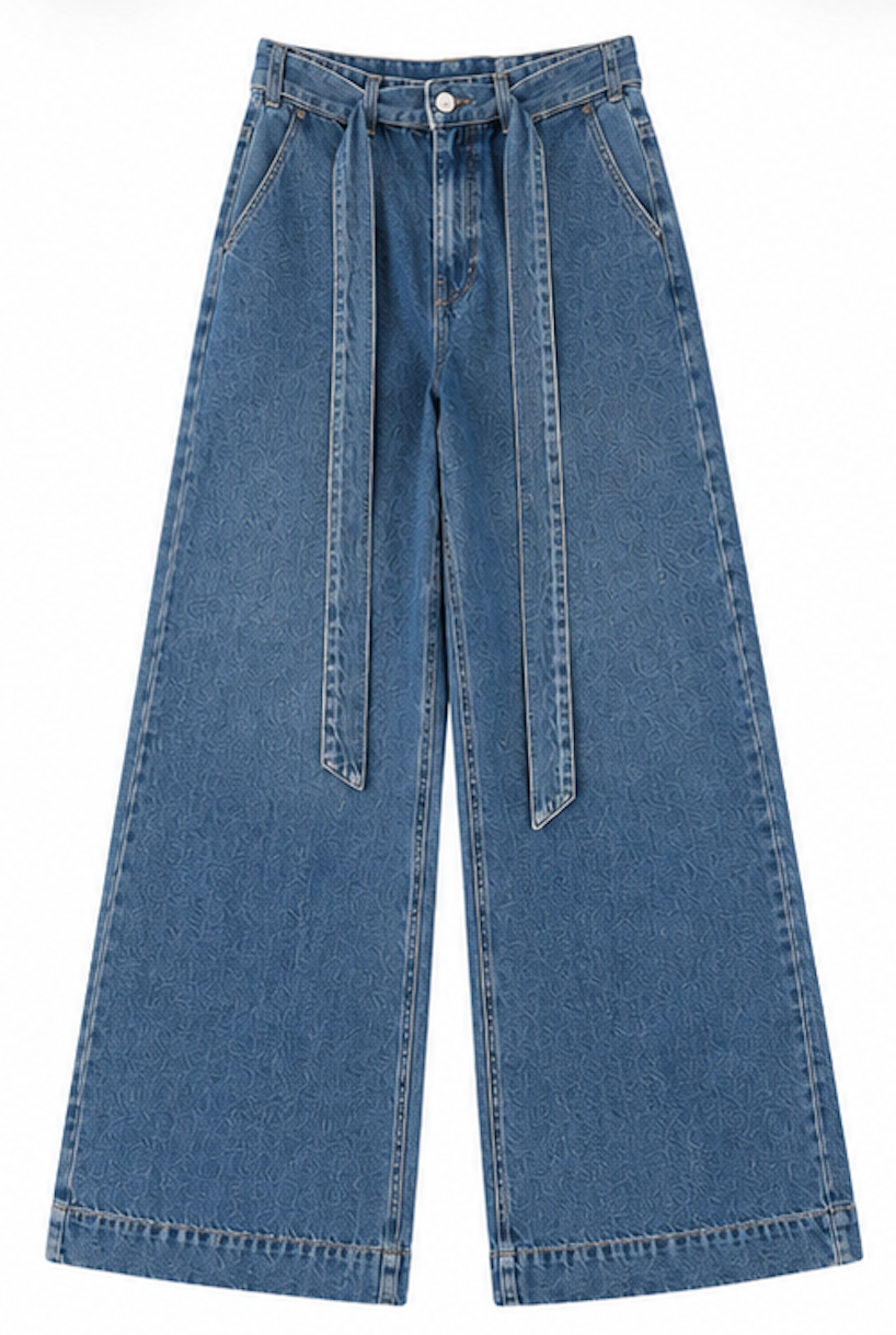 Denim wide Jeans with Tie-Belt, Bershka - Size EU 36