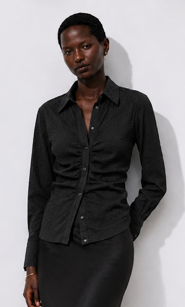 Black Crinkle Ruffle Button-Down Blouse, SELECTED FEMME - Size M