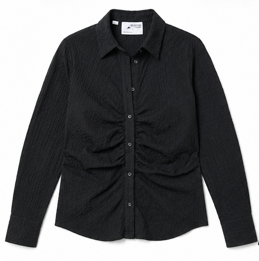 Black Crinkle Ruffle Button-Down Blouse, SELECTED FEMME - Size M