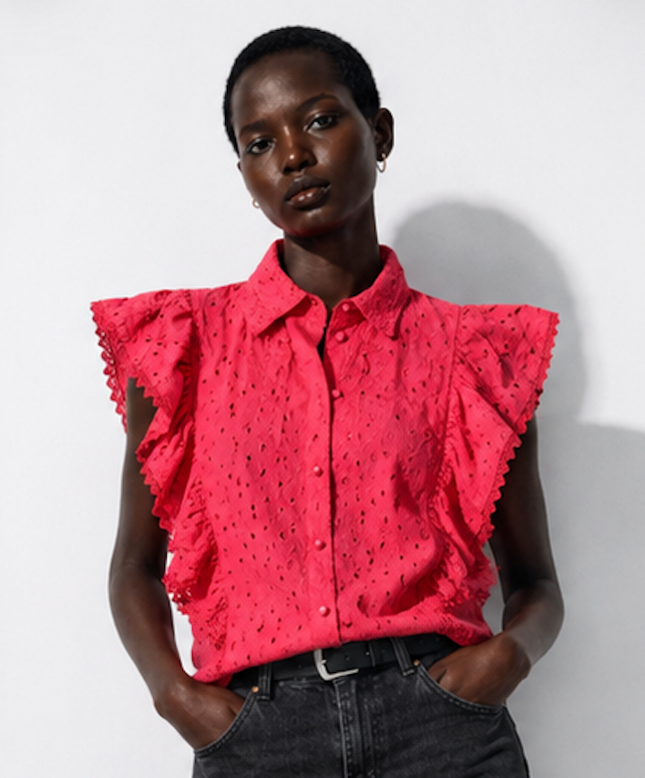 Coral Anglaise ruffle-blouse, Y.A.S - Size S