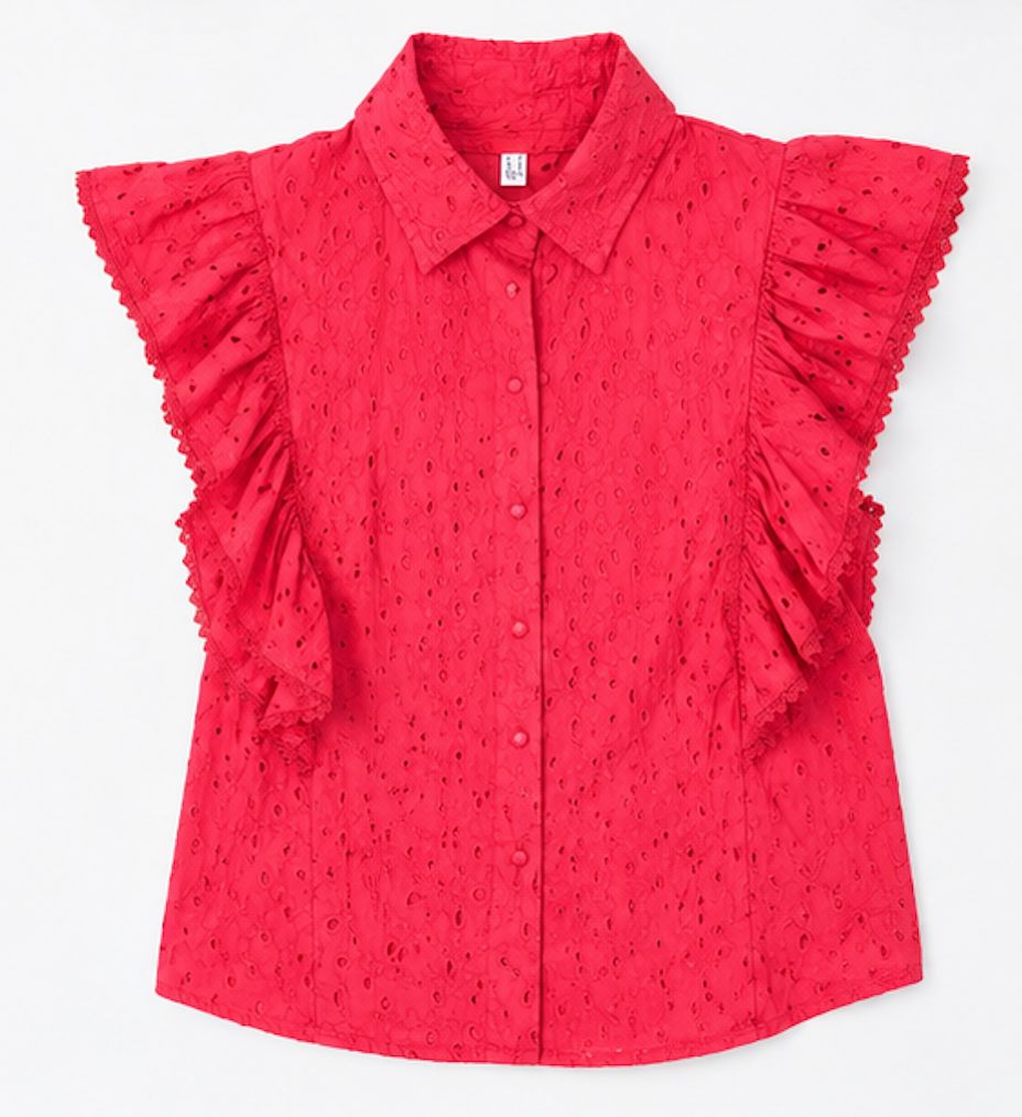 Coral Anglaise ruffle-blouse, Y.A.S - Size S