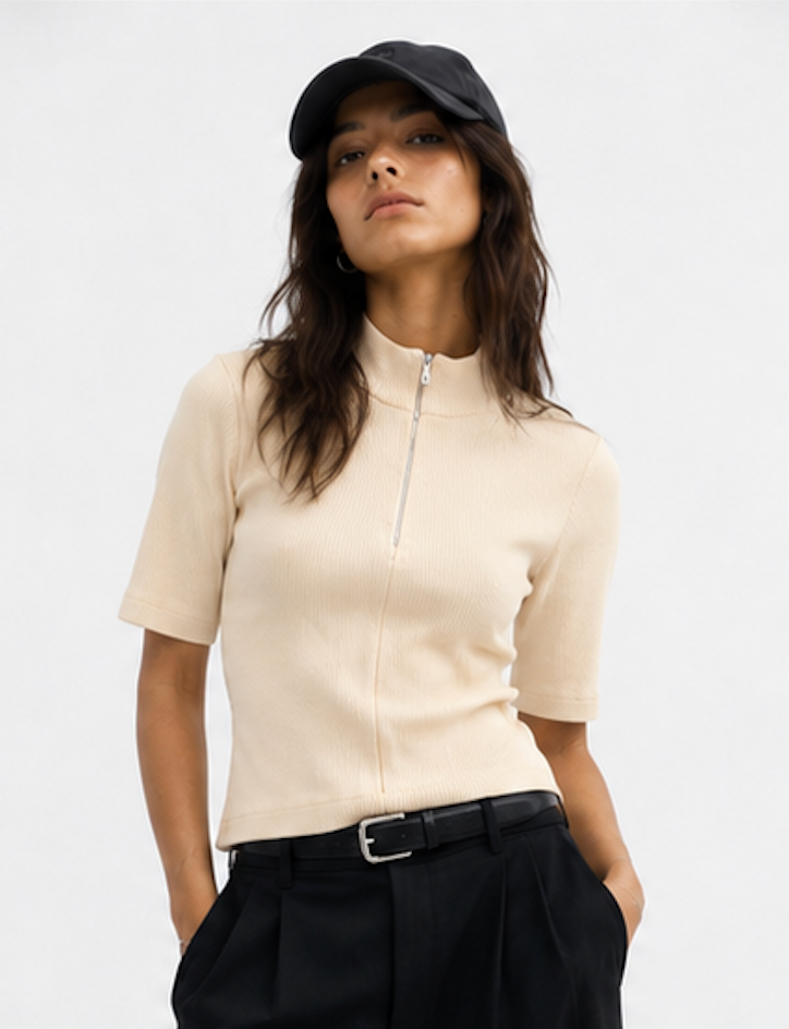 Ribbed Mock-neck Short Sleeve Tee, Won Hundred - Size S