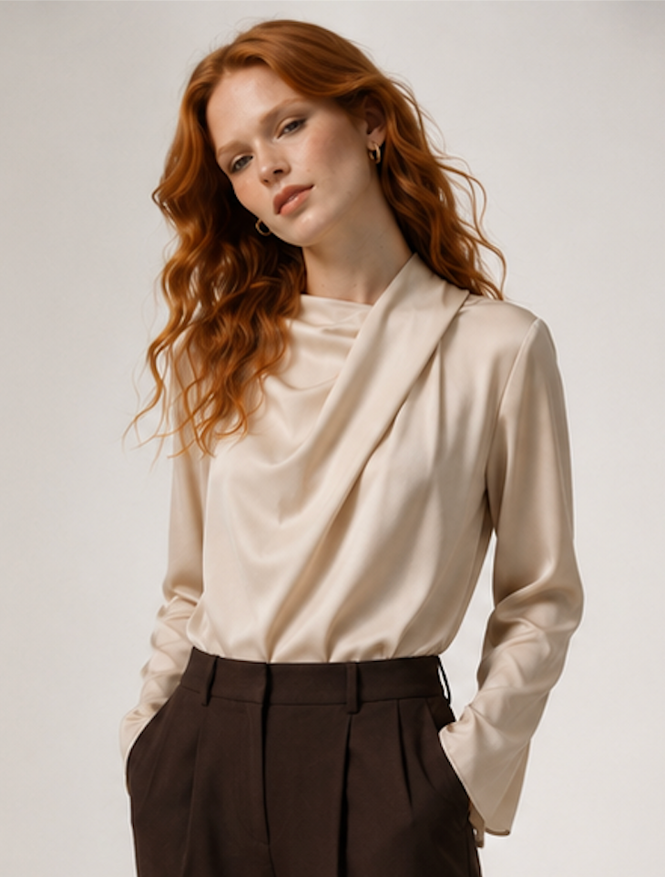 Champagne Draped Scarf-Neck Blouse, H&M - Size S
