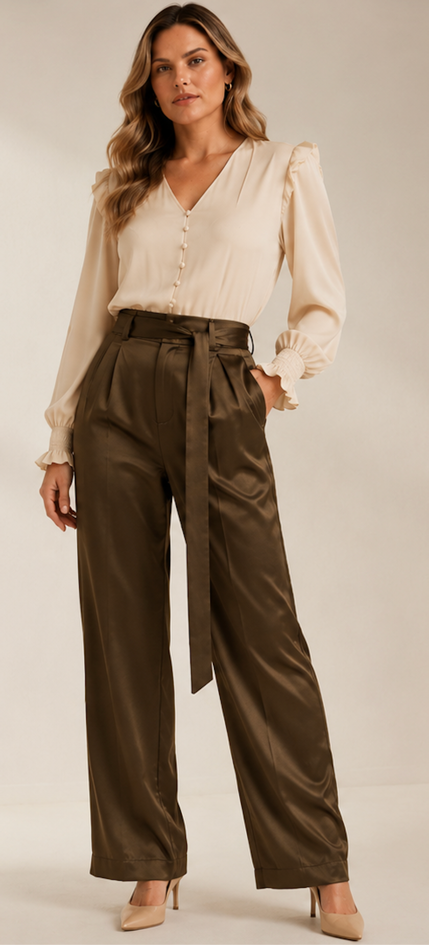 Olive Tie-Waist Trousers, Créton - Size M