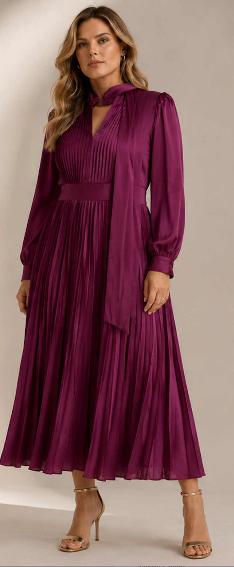 Pleated Tie‑Neck Midi Dress, Anewsta - Size 40