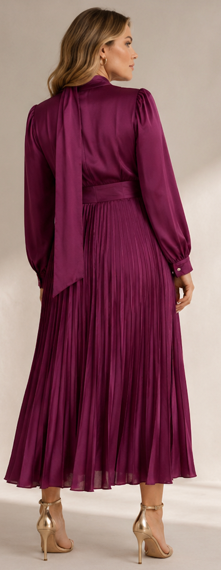 Pleated Tie‑Neck Midi Dress, Anewsta - Size 40