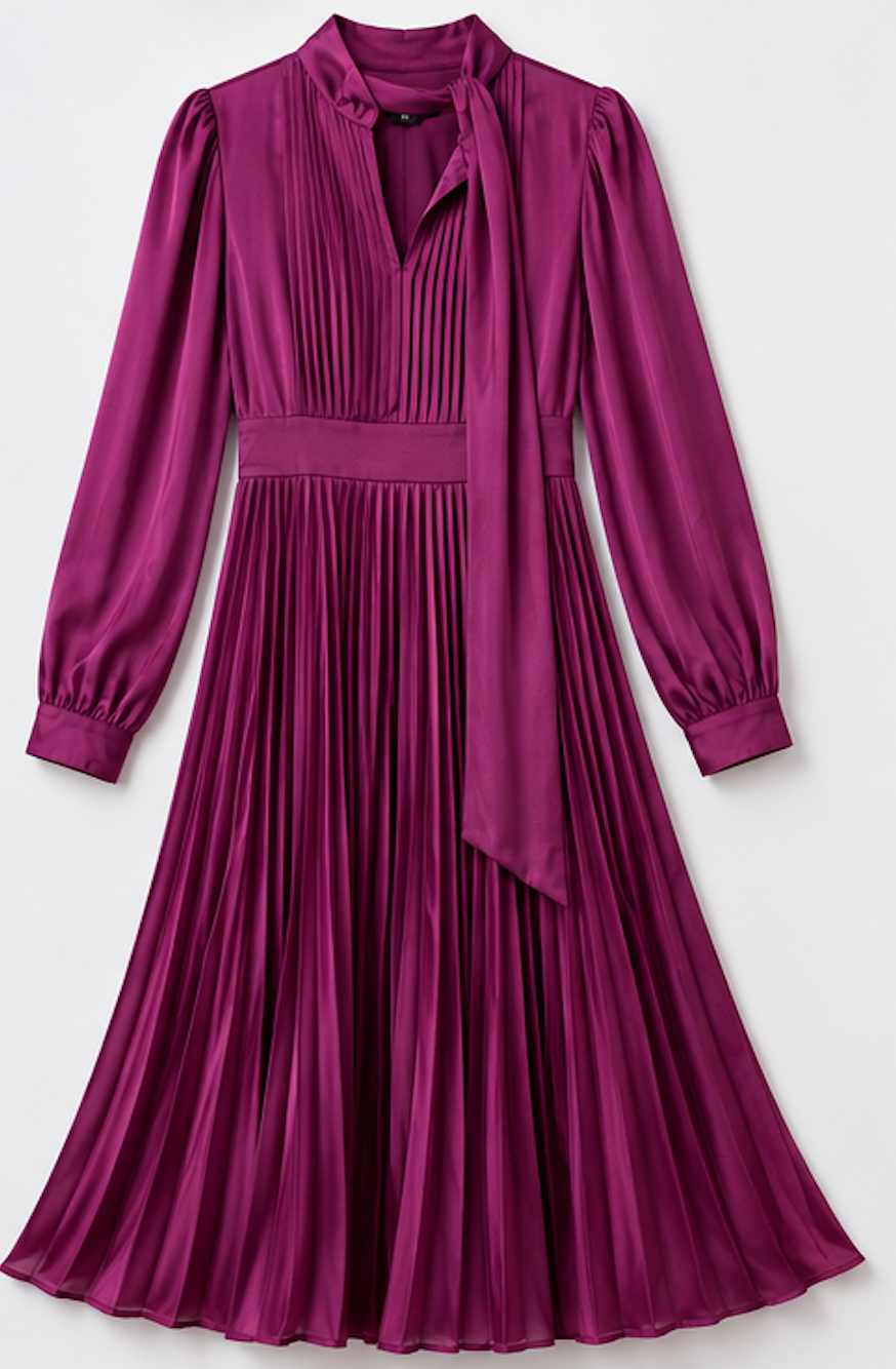 Pleated Tie‑Neck Midi Dress, Anewsta - Size 40
