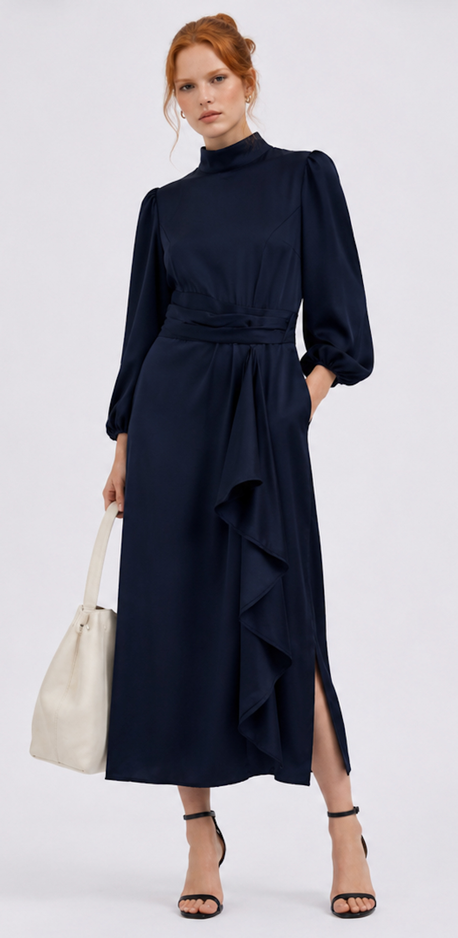 Navy Long Sleeve Midi Dress with Draped Ruffle - Size M