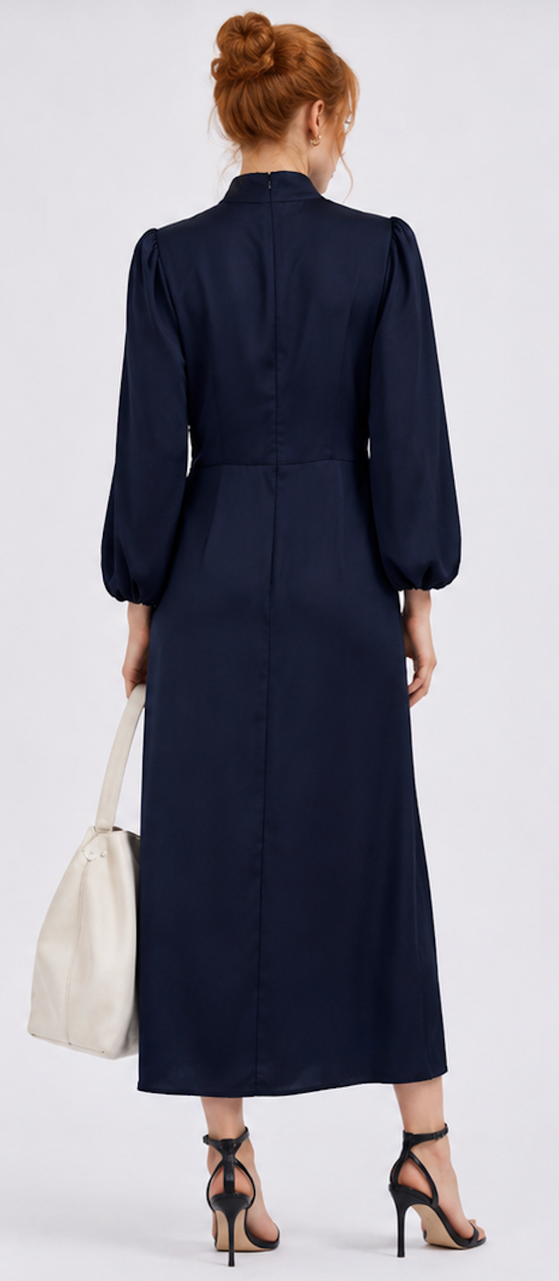 Navy Long Sleeve Midi Dress with Draped Ruffle - Size M