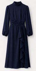 Navy Long Sleeve Midi Dress with Draped Ruffle - Size M