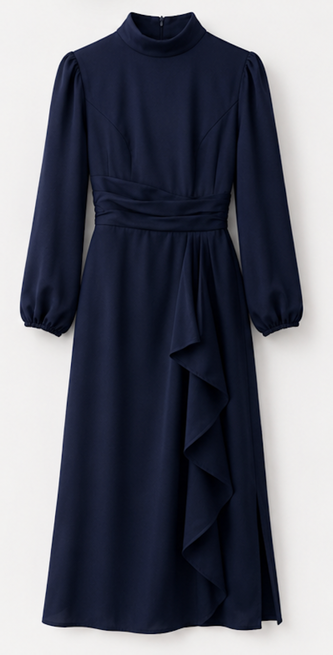 Navy Long Sleeve Midi Dress with Draped Ruffle - Size M
