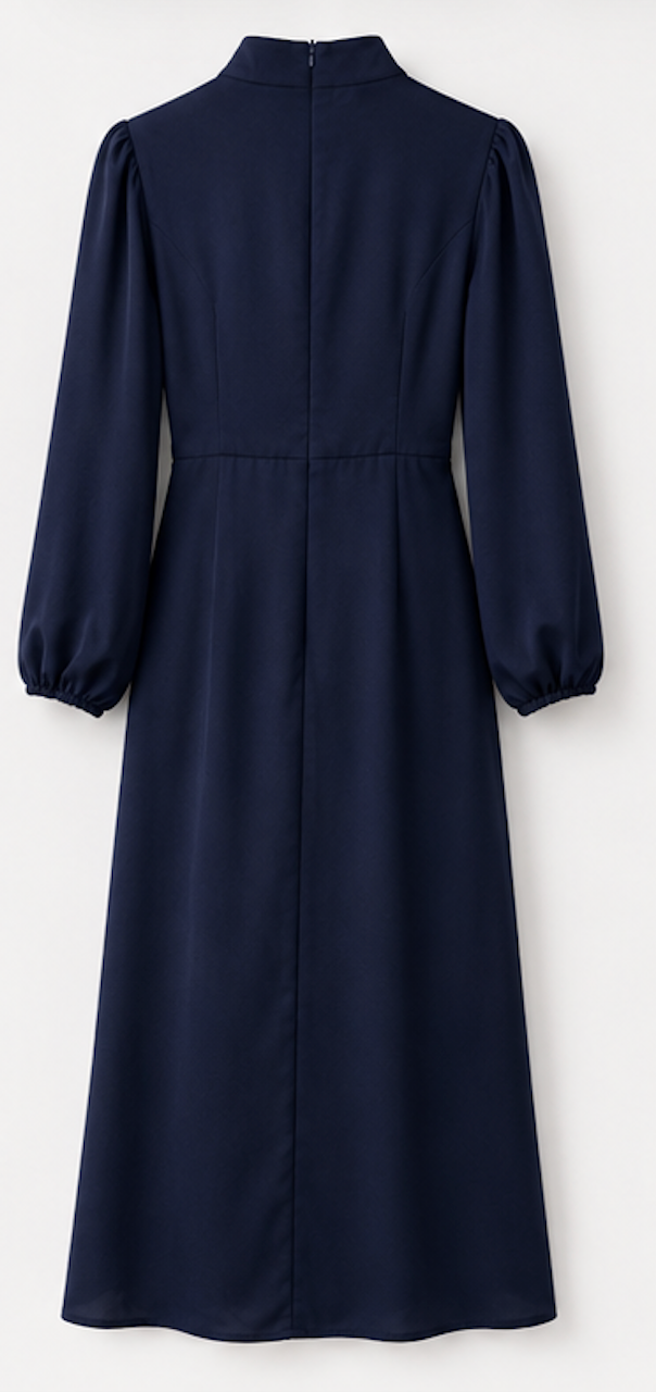 Navy Long Sleeve Midi Dress with Draped Ruffle - Size M