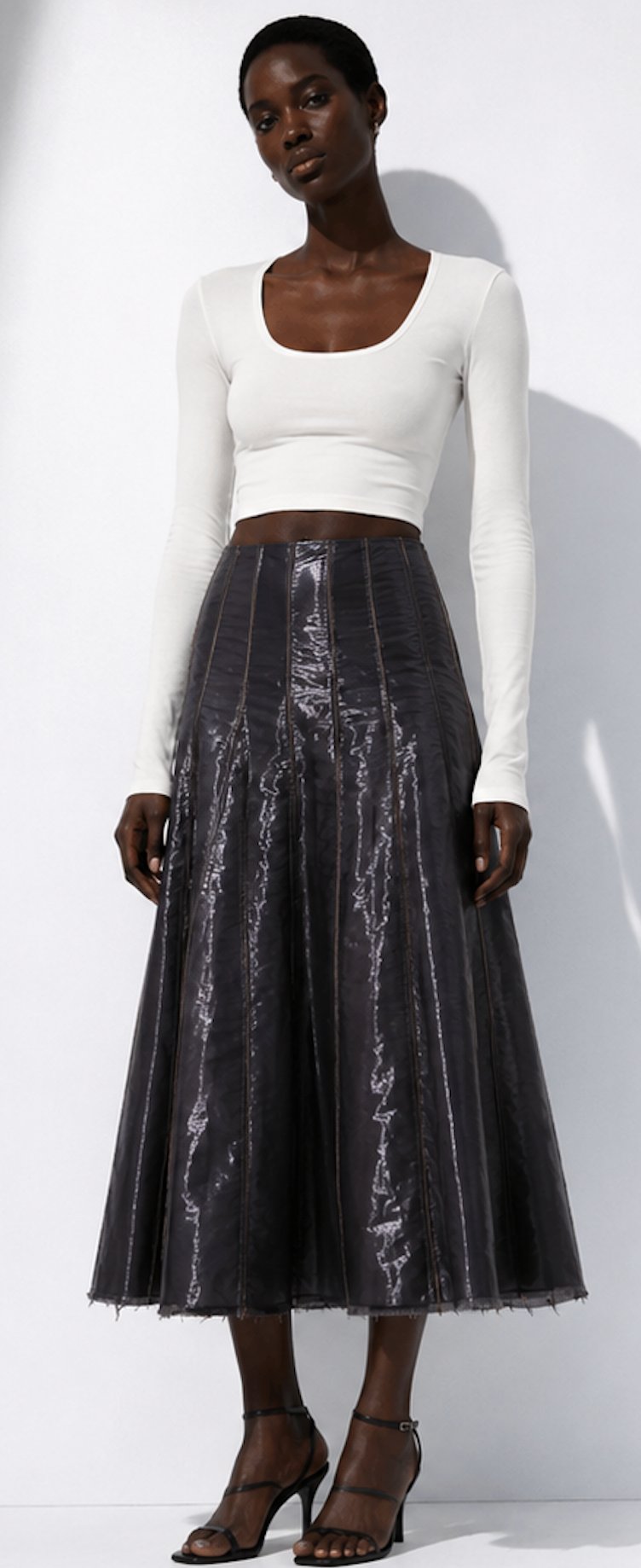 Shiny Paneled Midi Skirt, sandwich_ – Size 36