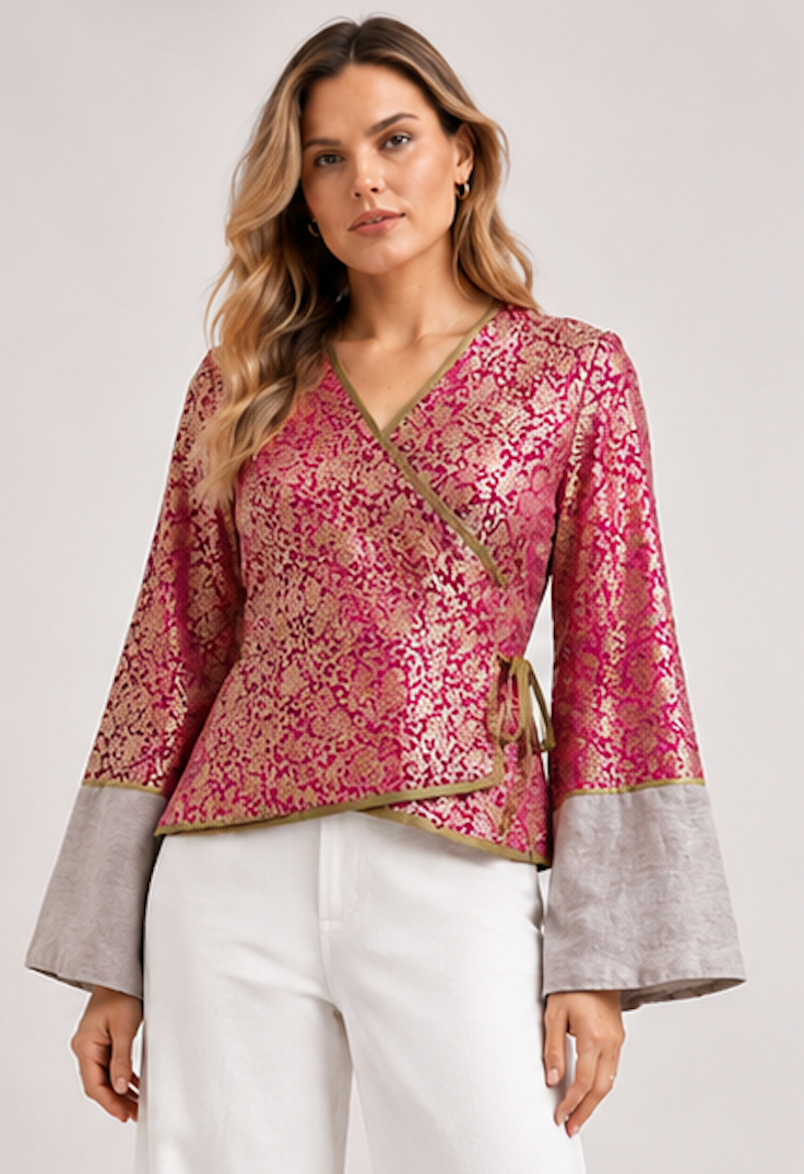 Wrap Blouse in pink-and-gold brocade, Mille K – Size M