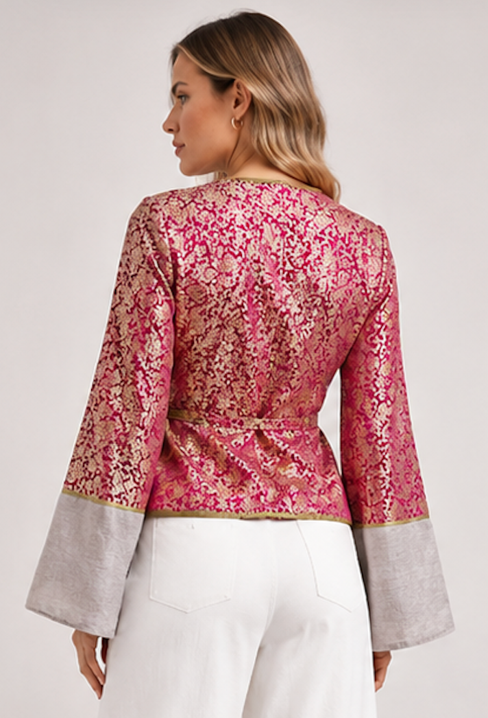 Wrap Blouse in pink-and-gold brocade, Mille K – Size M