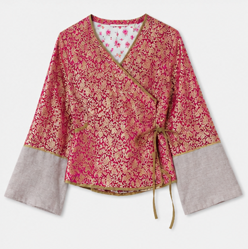 Wrap Blouse in pink-and-gold brocade, Mille K – Size M