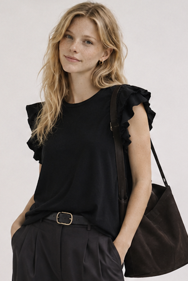 Black Ruffle Sleeve T-Shirt, INDUSTRY – Size S