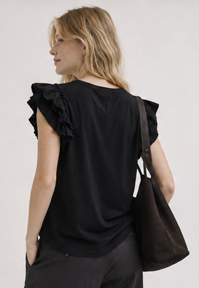 Black Ruffle Sleeve T-Shirt, INDUSTRY – Size S