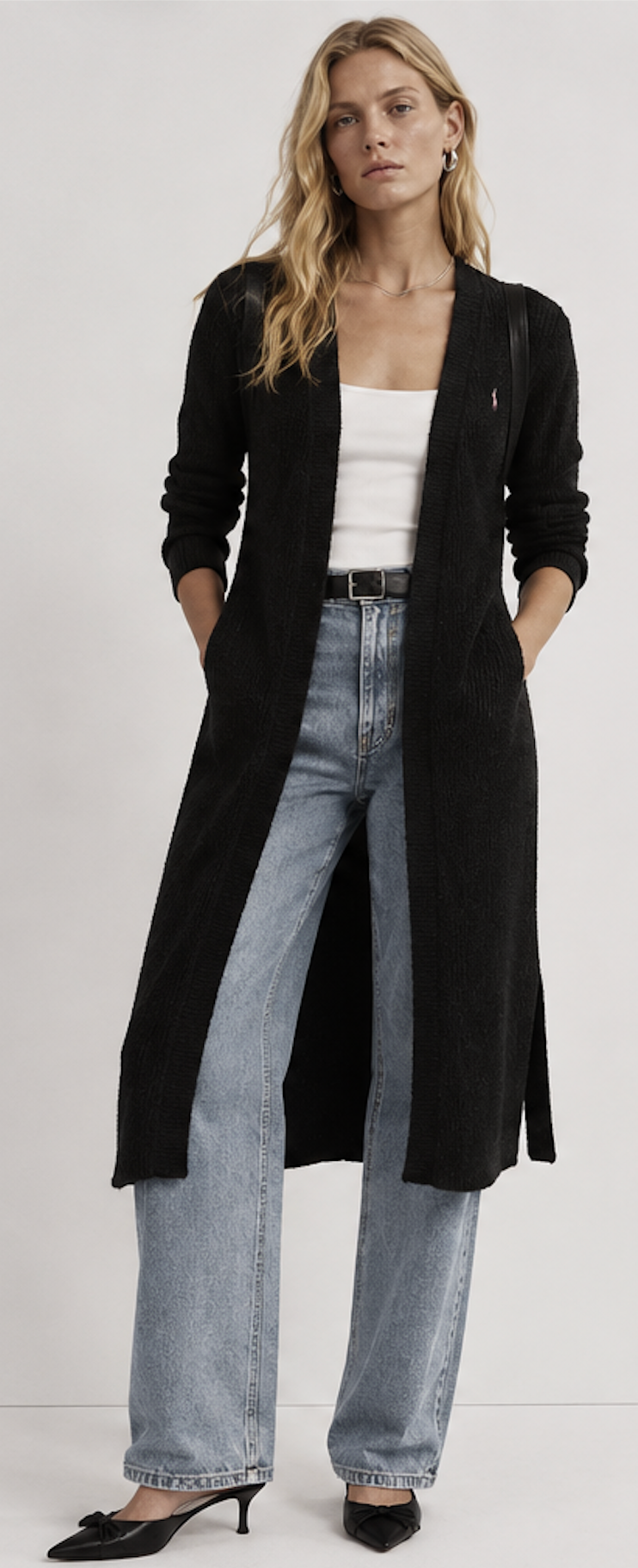 Black open-front Longline Cardigan, ZEN BASIC – Size M