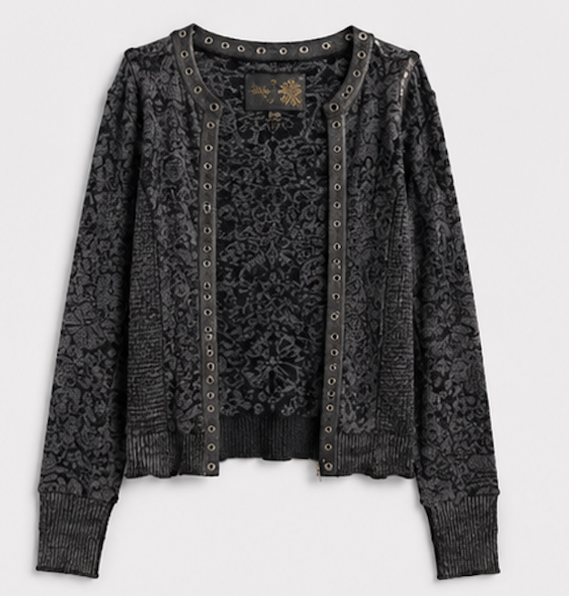 Dark grey cardigan with leather front edges, Eva Claudia – Size S