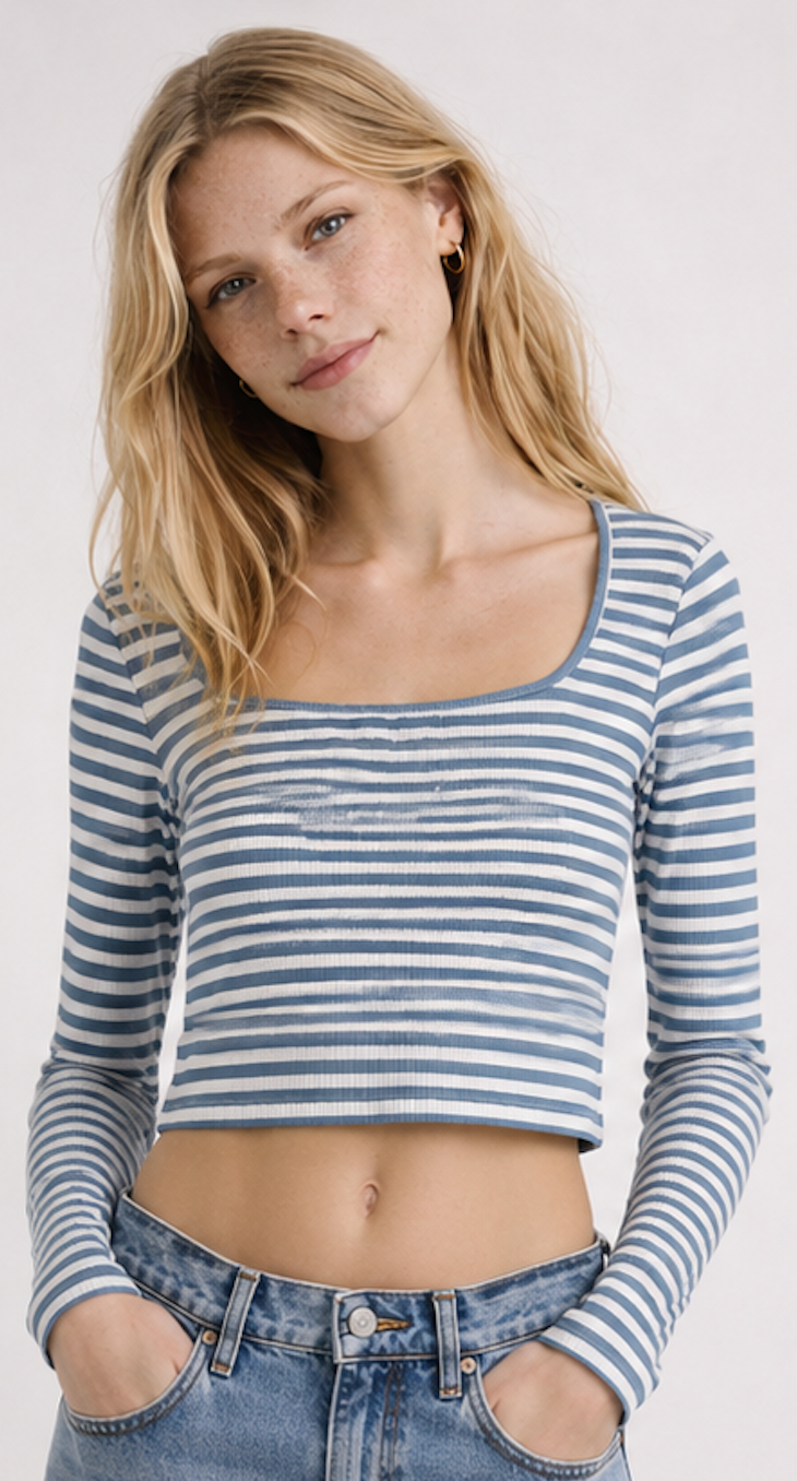 Blue and white striped Long sleeved Crop Top – Size S
