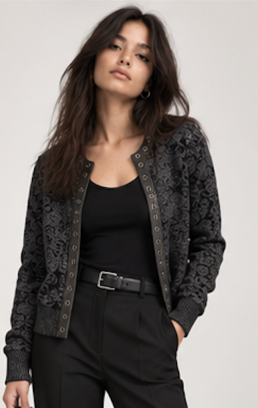 Dark grey cardigan with leather front edges, Eva Claudia – Size S
