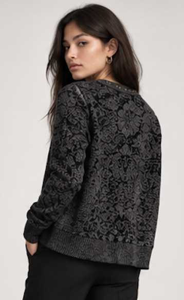 Dark grey cardigan with leather front edges, Eva Claudia – Size S