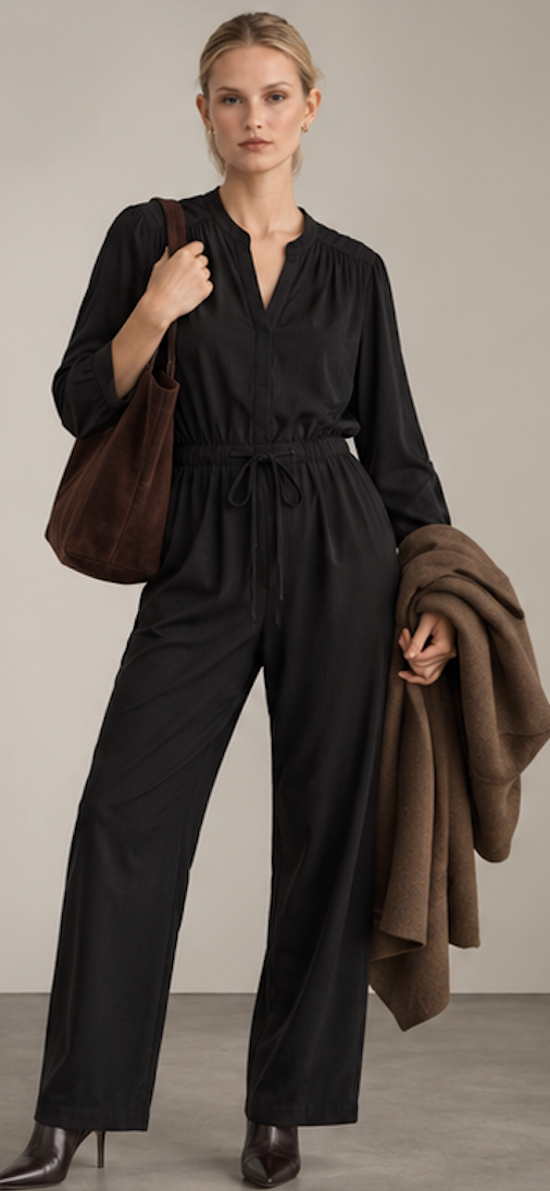 Sleek black long-sleeve Jumpsuit, SOAKED IN LUXURY – Size M